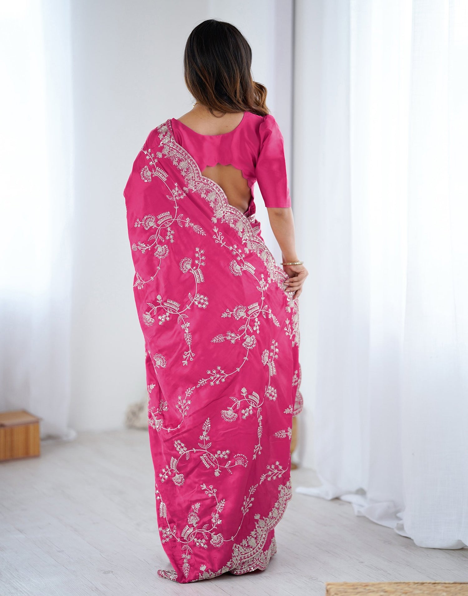 Pink Satin Sequence Embroidery  Saree