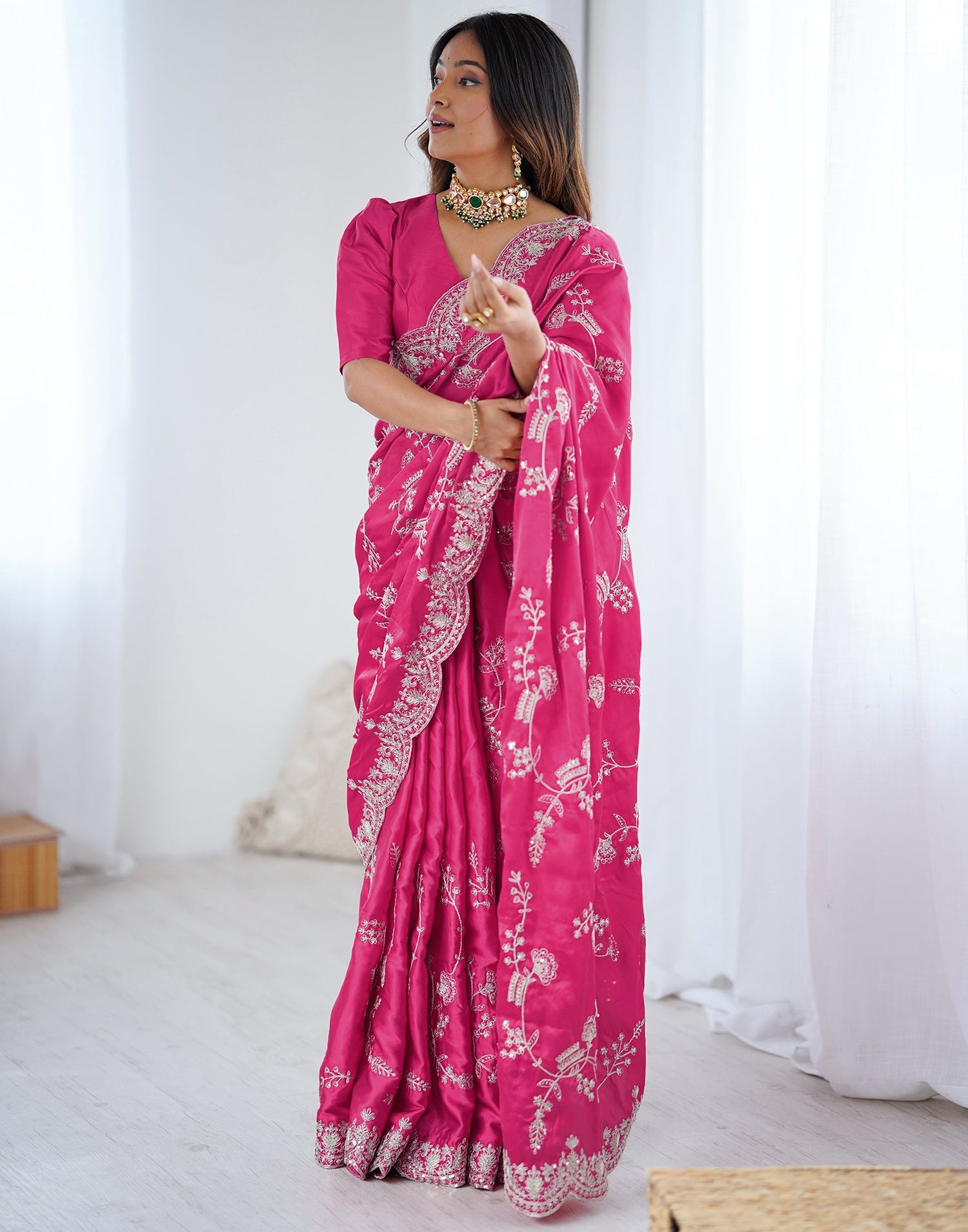Pink Satin Sequence Embroidery  Saree