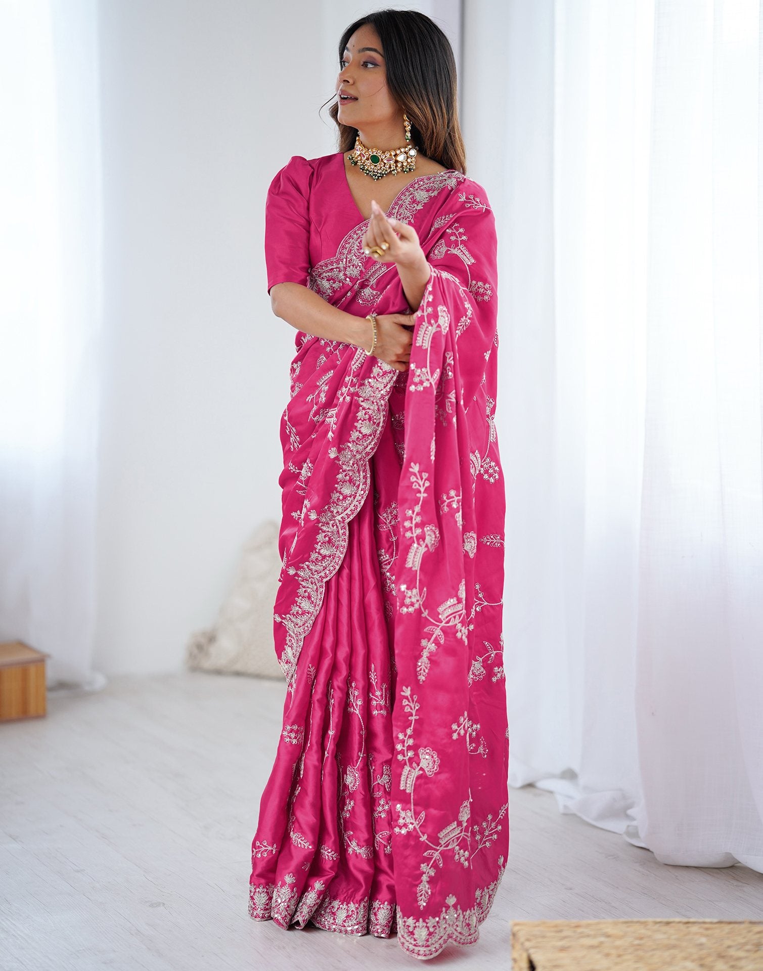 Pink Satin Sequence Embroidery  Saree
