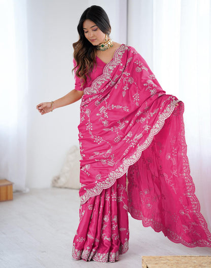Pink Satin Sequence Embroidery  Saree