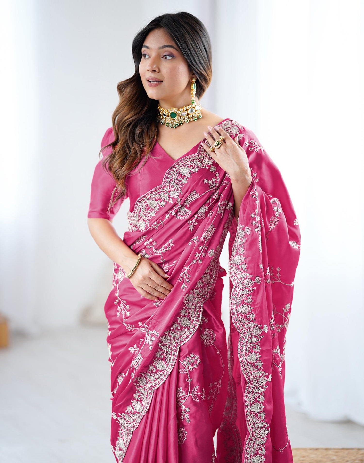 Pink Satin Sequence Embroidery  Saree