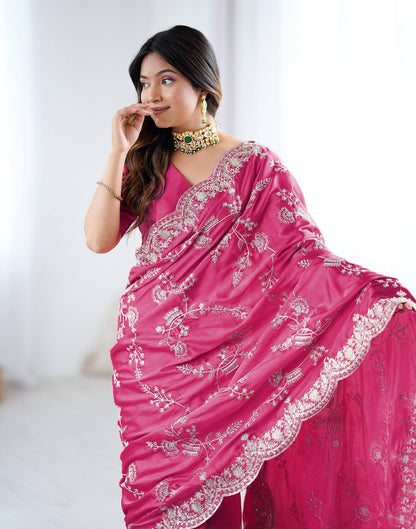 Pink Satin Sequence Embroidery  Saree