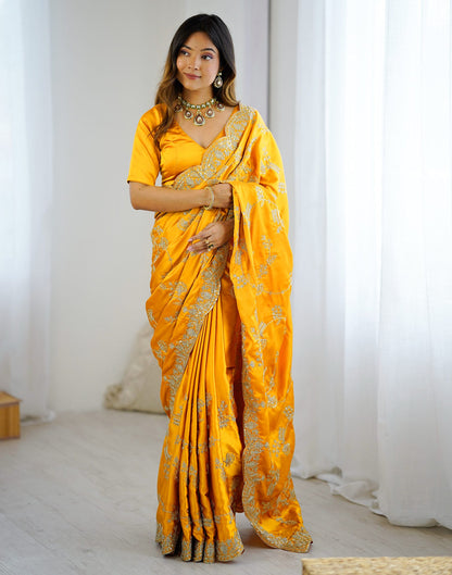 Yellow Satin Sequence Embroidery  Saree