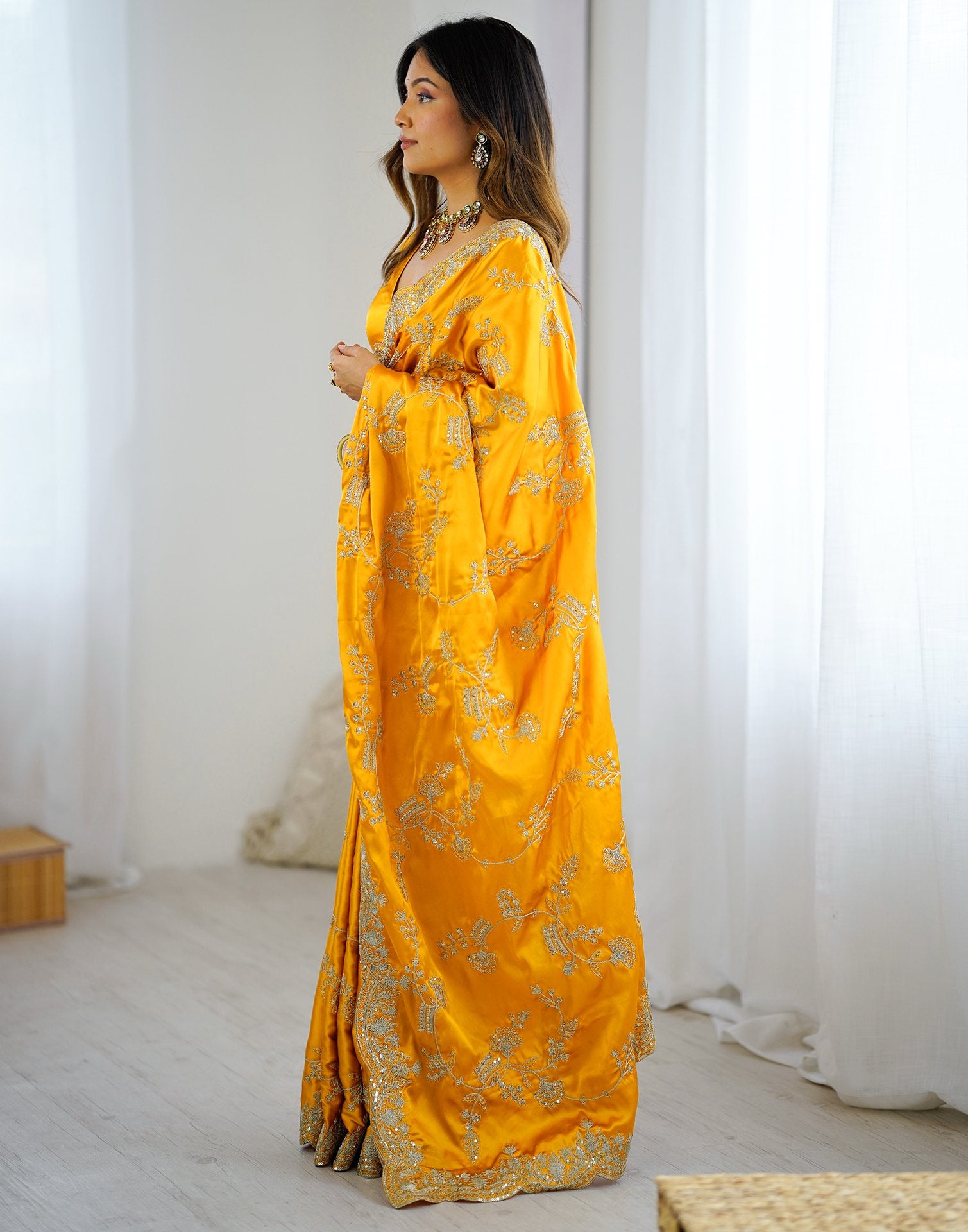 Yellow Satin Sequence Embroidery  Saree