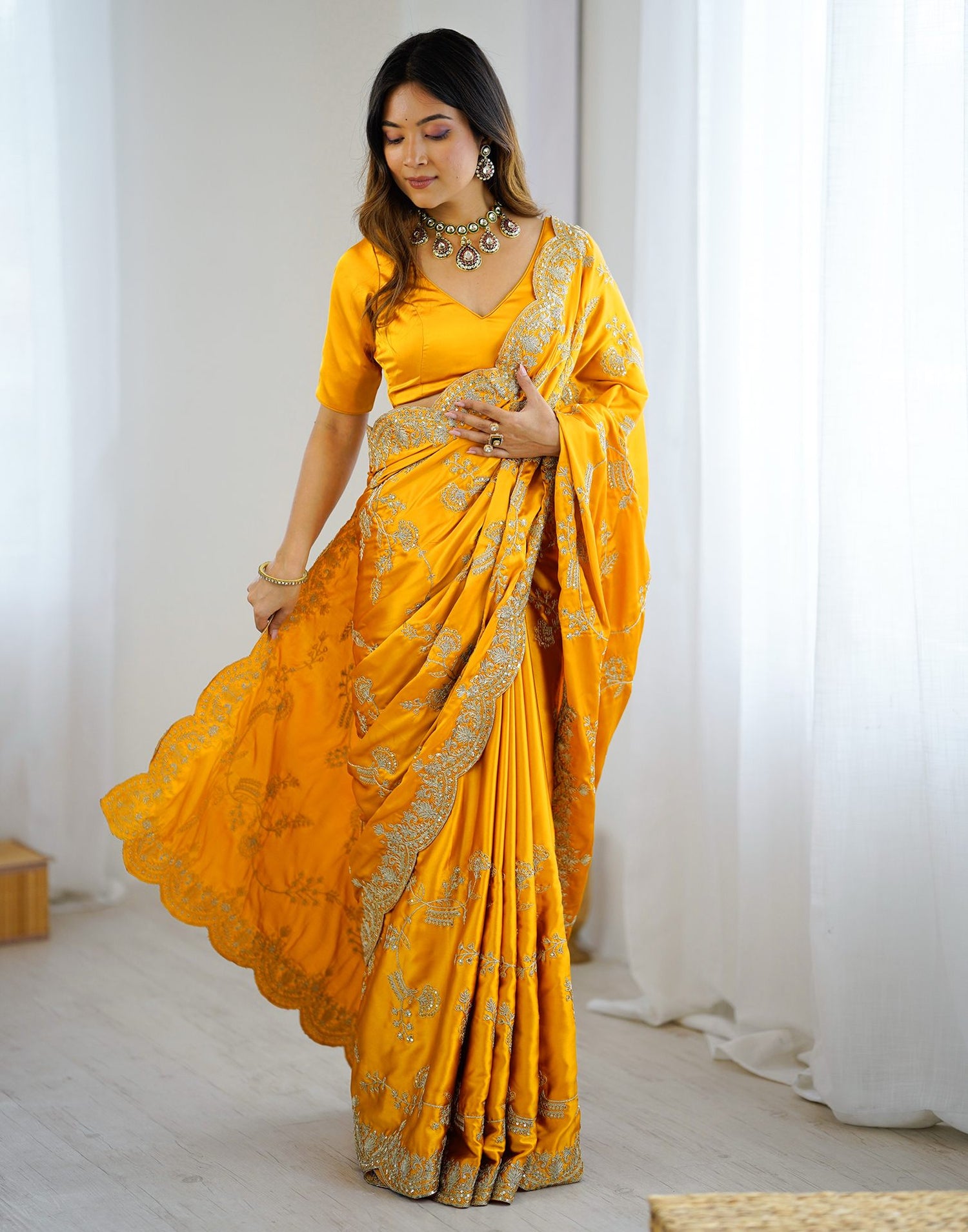 Yellow Satin Sequence Embroidery  Saree