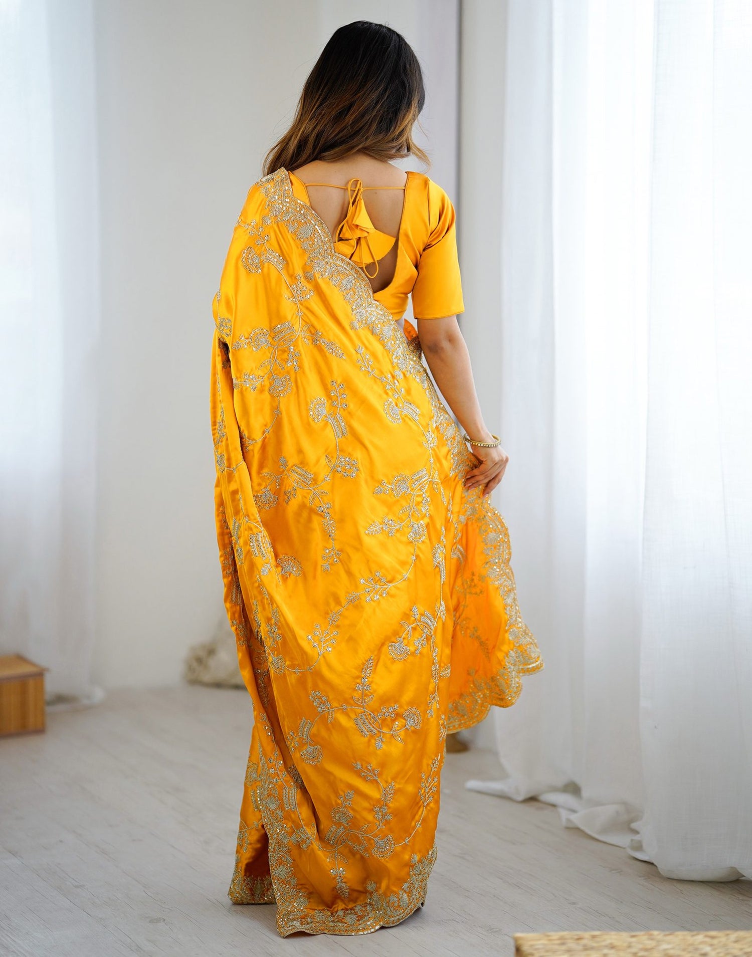 Yellow Satin Sequence Embroidery  Saree