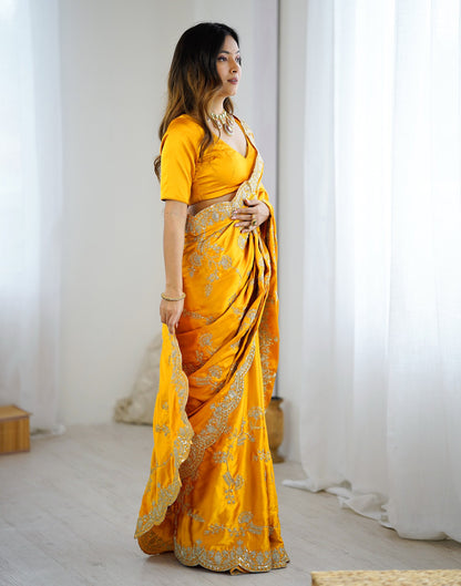 Yellow Satin Sequence Embroidery  Saree