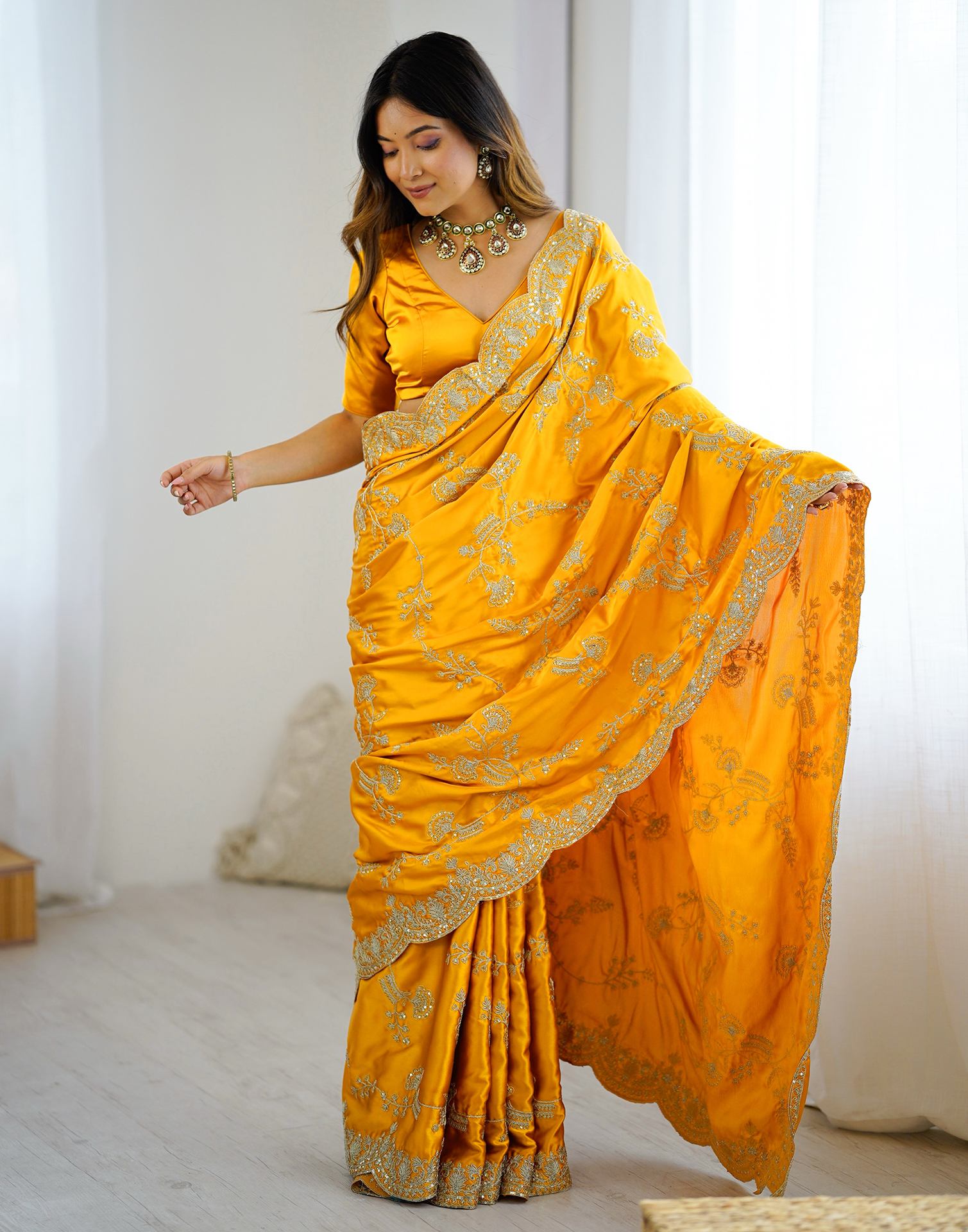 Yellow Satin Sequence Embroidery  Saree