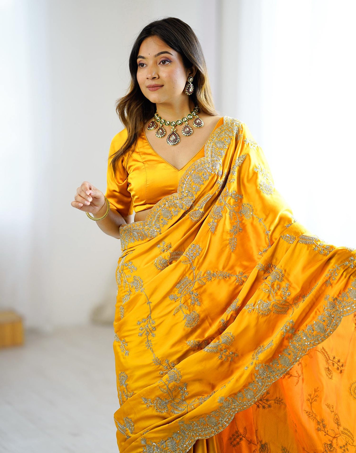 Yellow Satin Sequence Embroidery  Saree