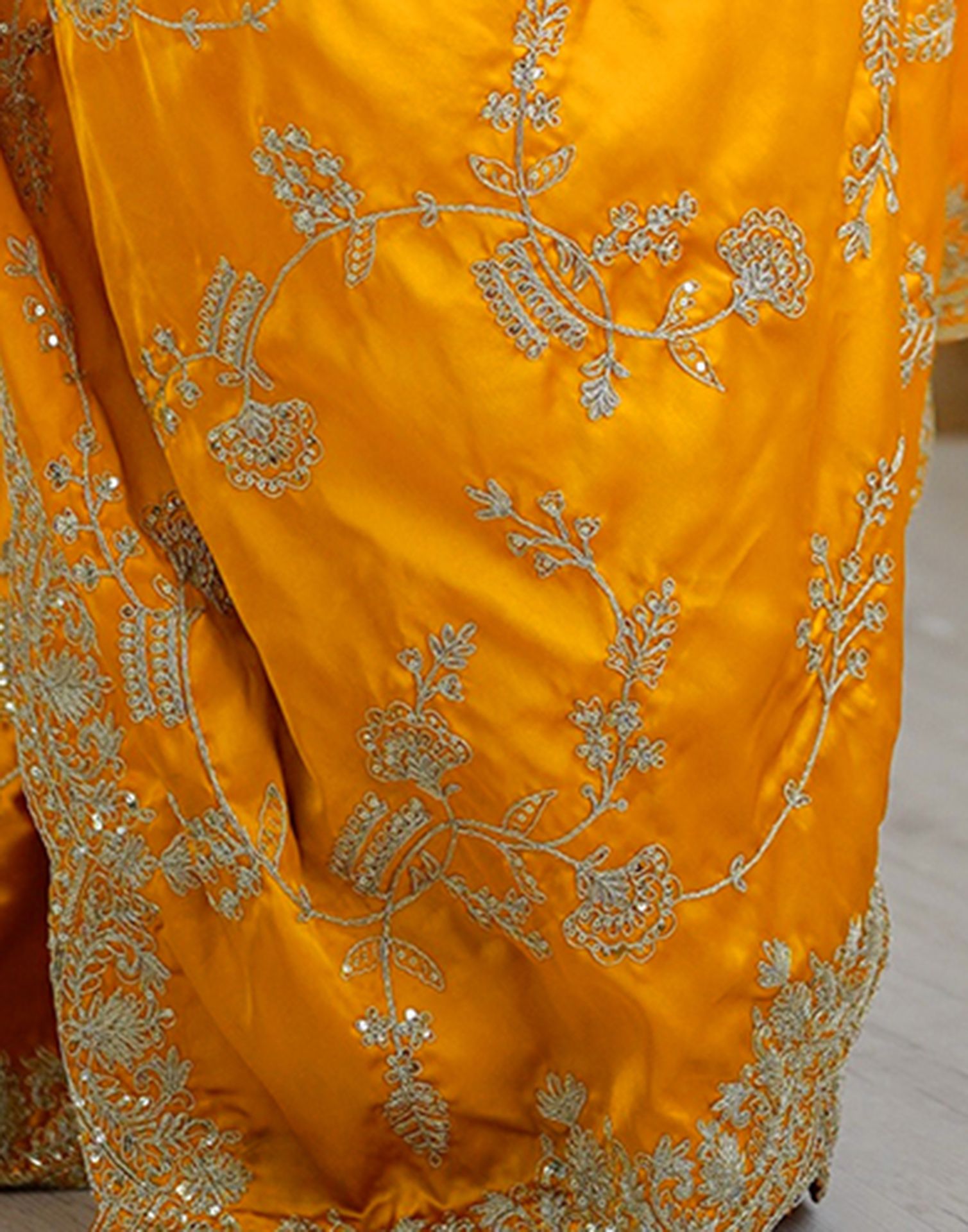 Yellow Satin Sequence Embroidery  Saree