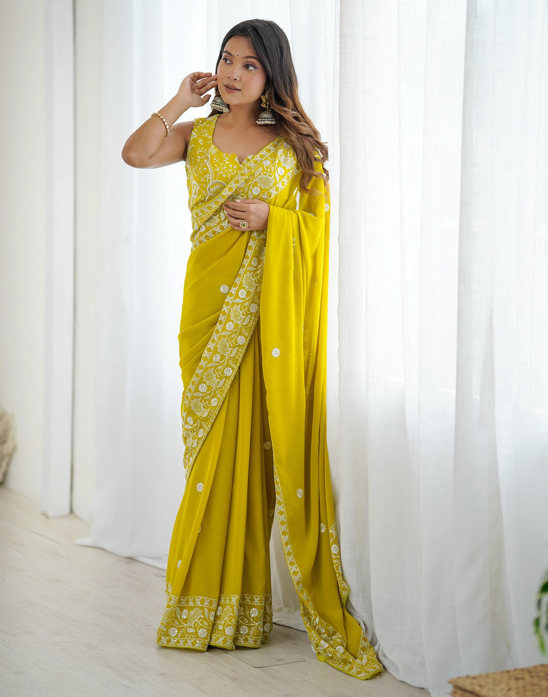 Lime Yellow Georgette Embroidery Saree