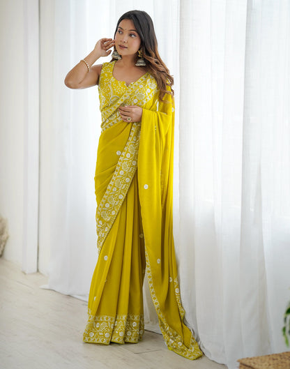 Lime Yellow Georgette Embroidery Saree
