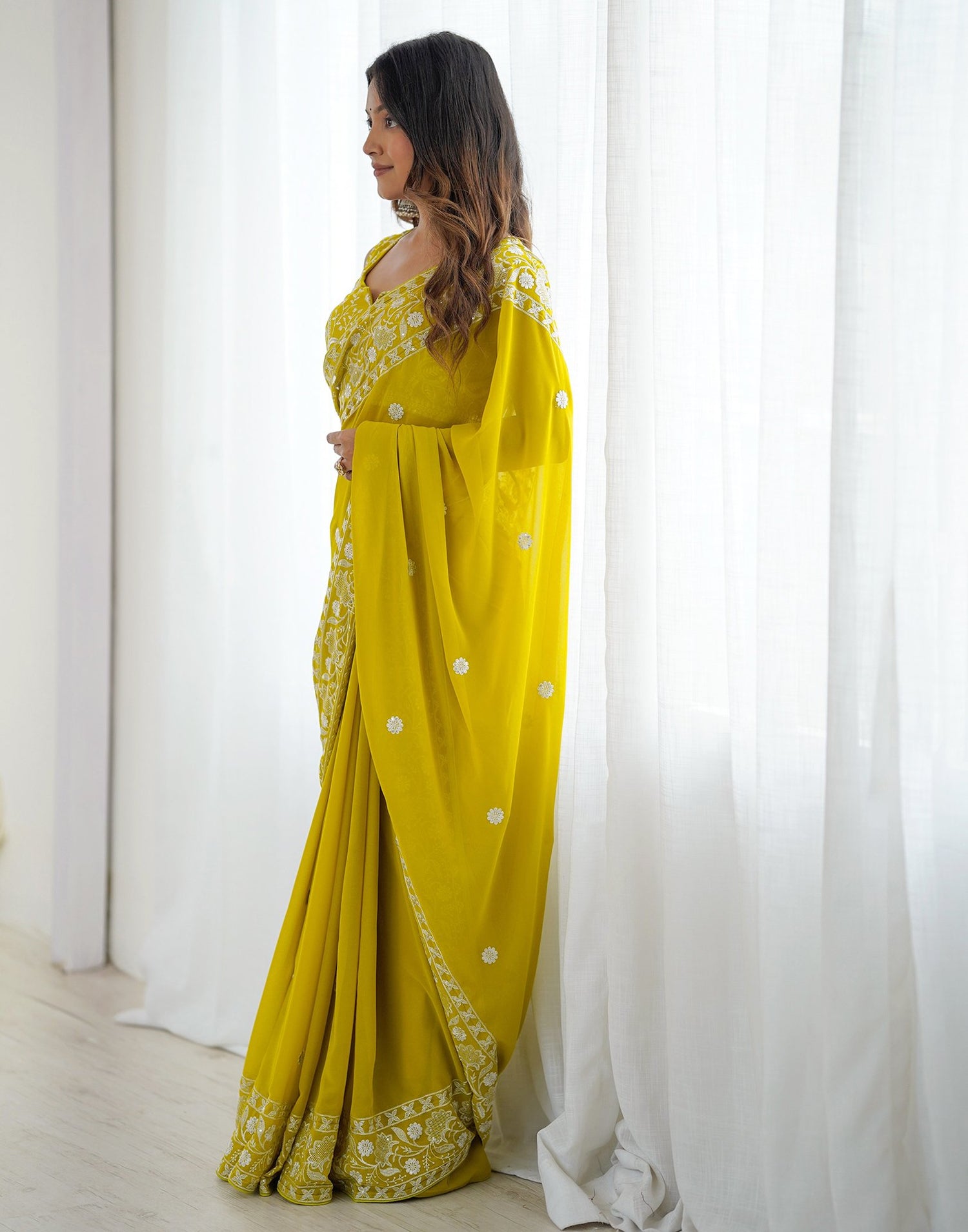 Lime Yellow Georgette Embroidery Saree