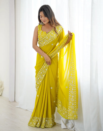 Lime Yellow Georgette Embroidery Saree