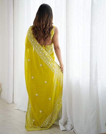 Lime Yellow Georgette Embroidery Saree