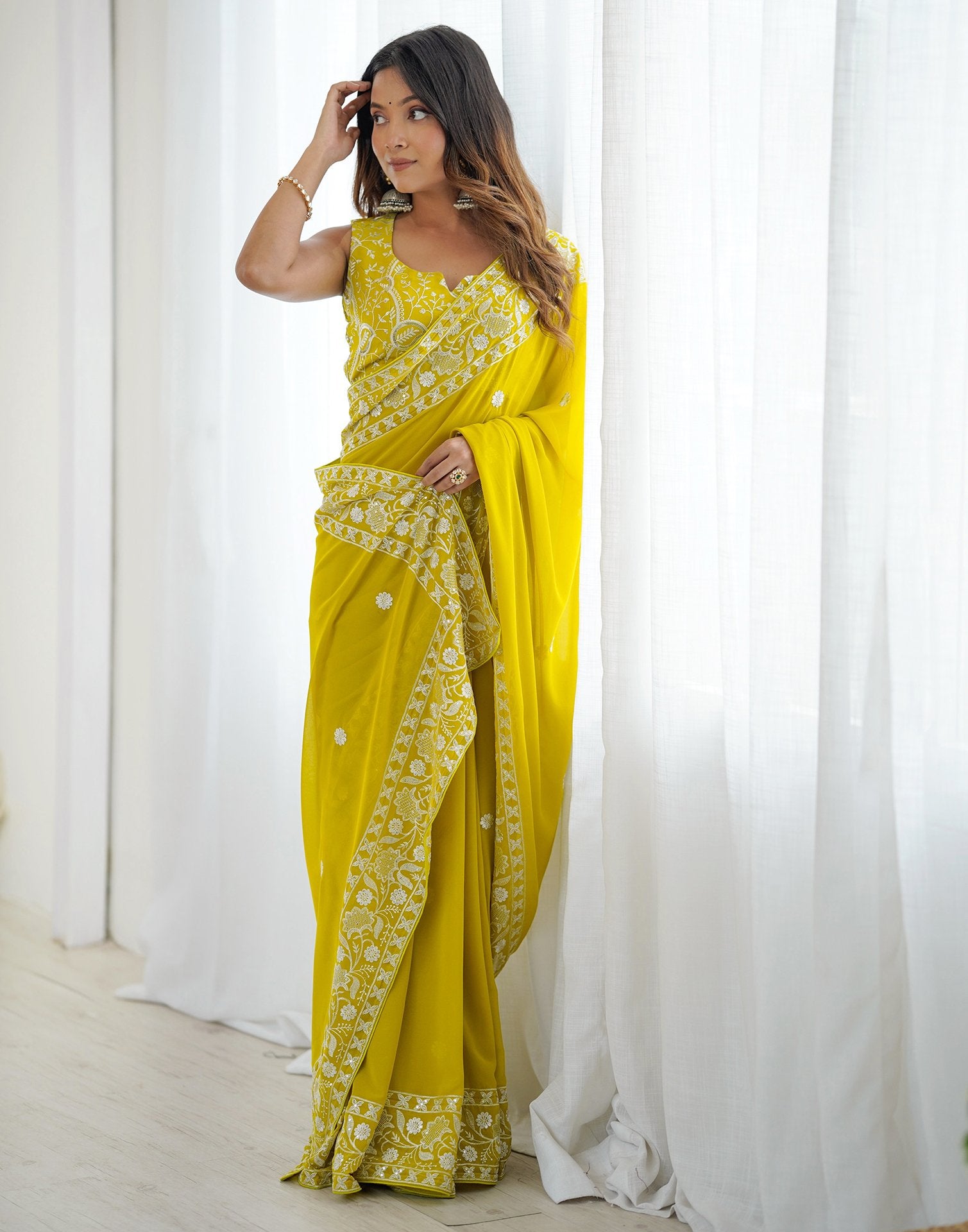 Lime Yellow Georgette Embroidery Saree