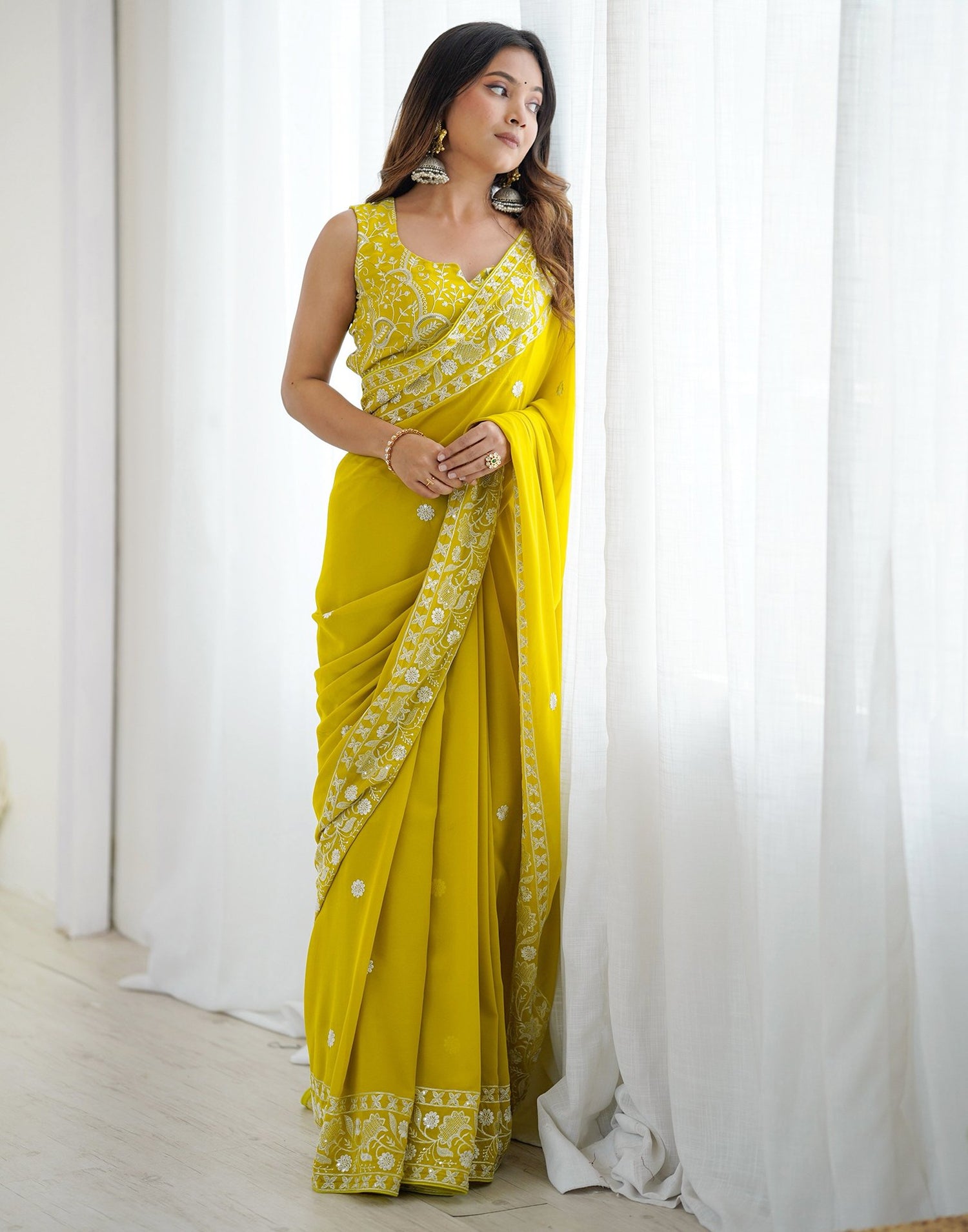 Lime Yellow Georgette Embroidery Saree