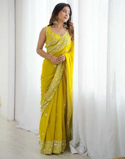 Lime Yellow Georgette Embroidery Saree
