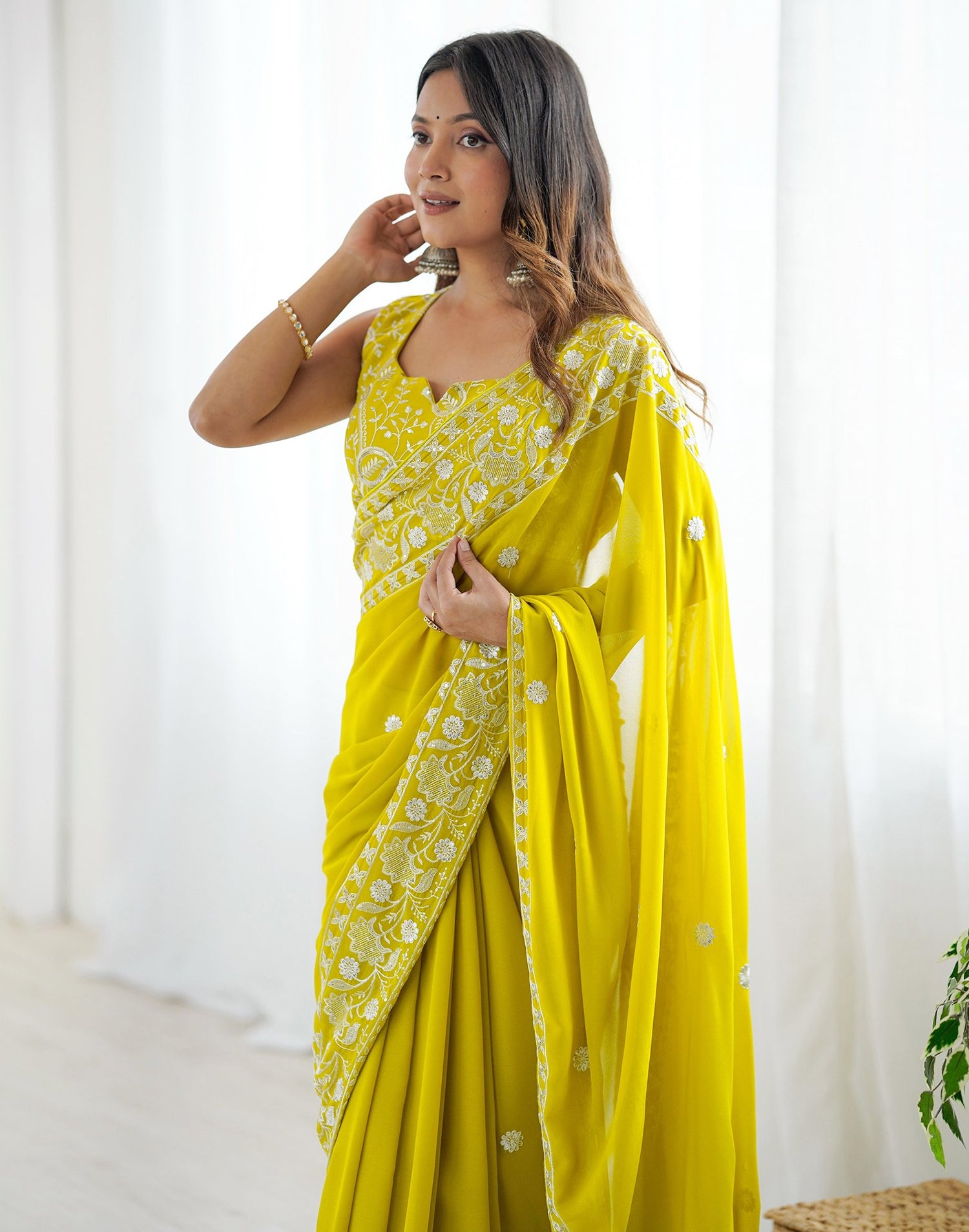 Lime Yellow Georgette Embroidery Saree