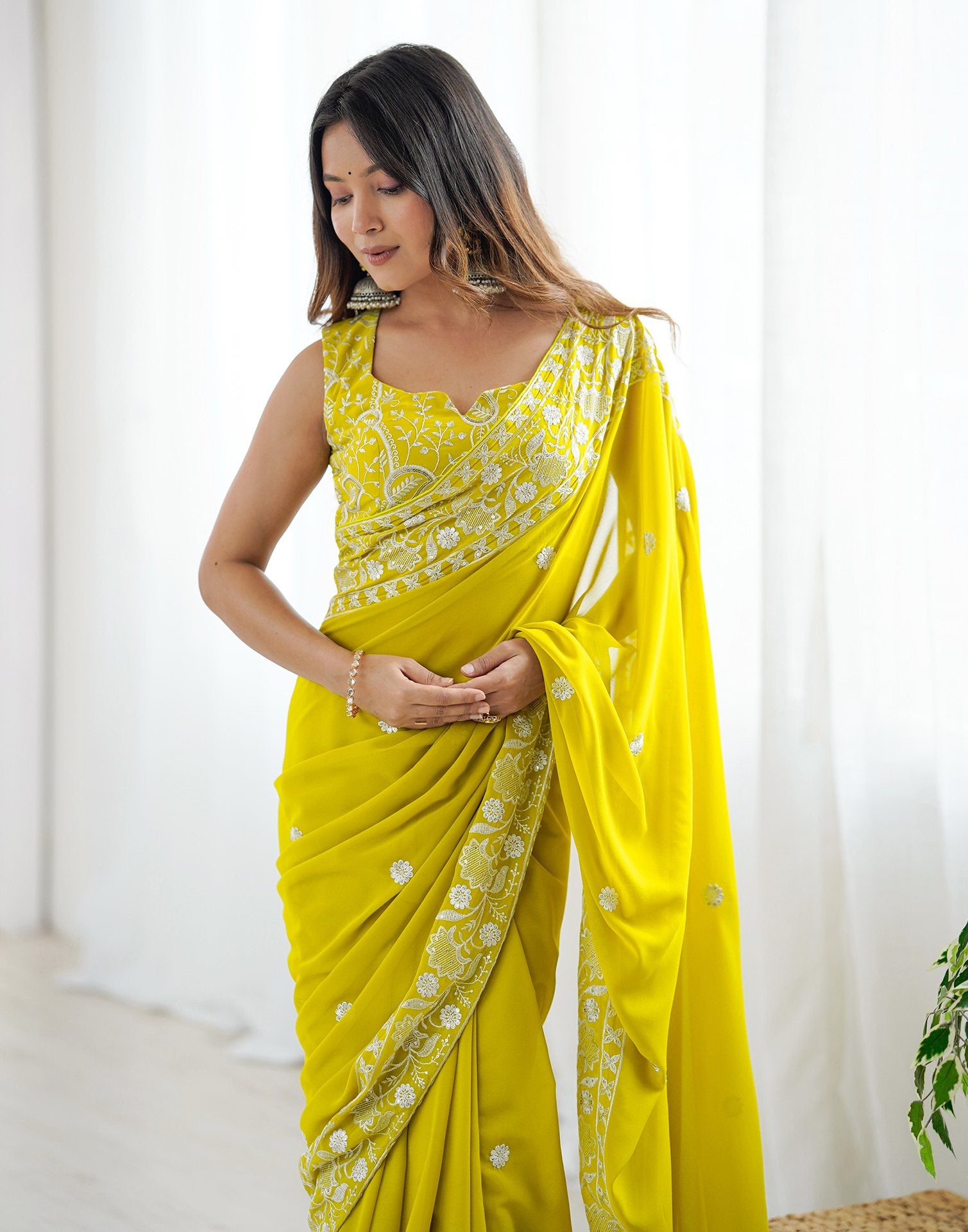 Lime Yellow Georgette Embroidery Saree
