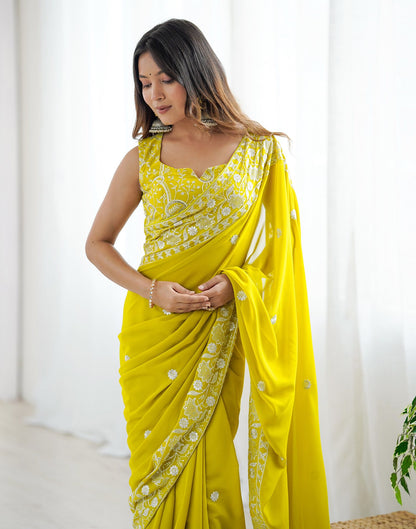 Lime Yellow Georgette Embroidery Saree