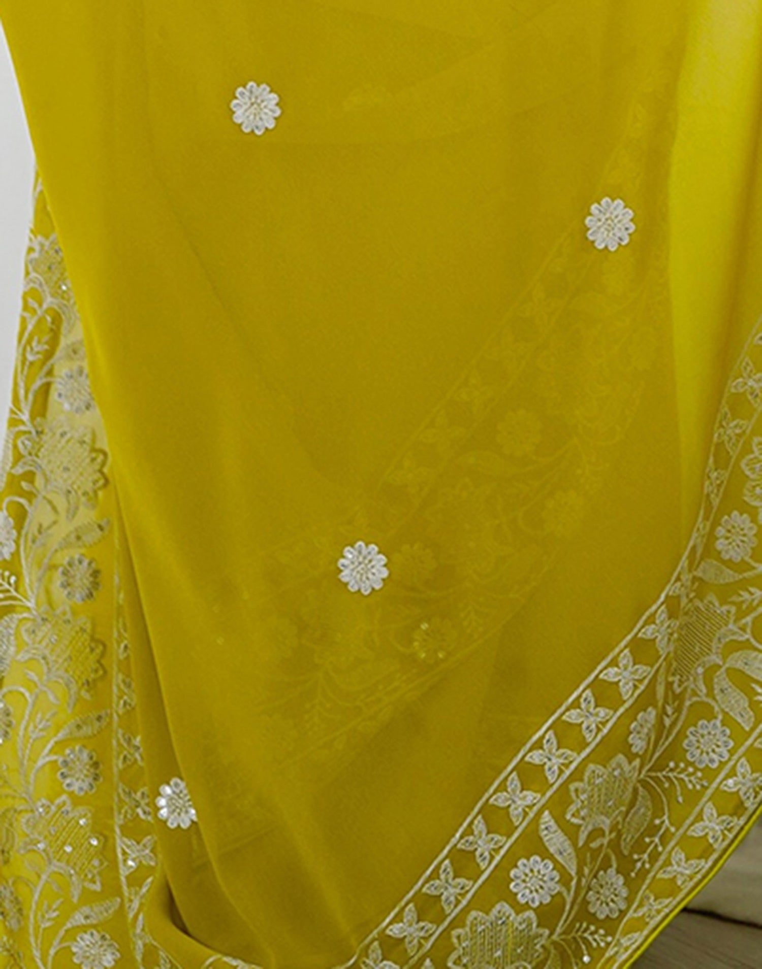 Lime Yellow Georgette Embroidery Saree