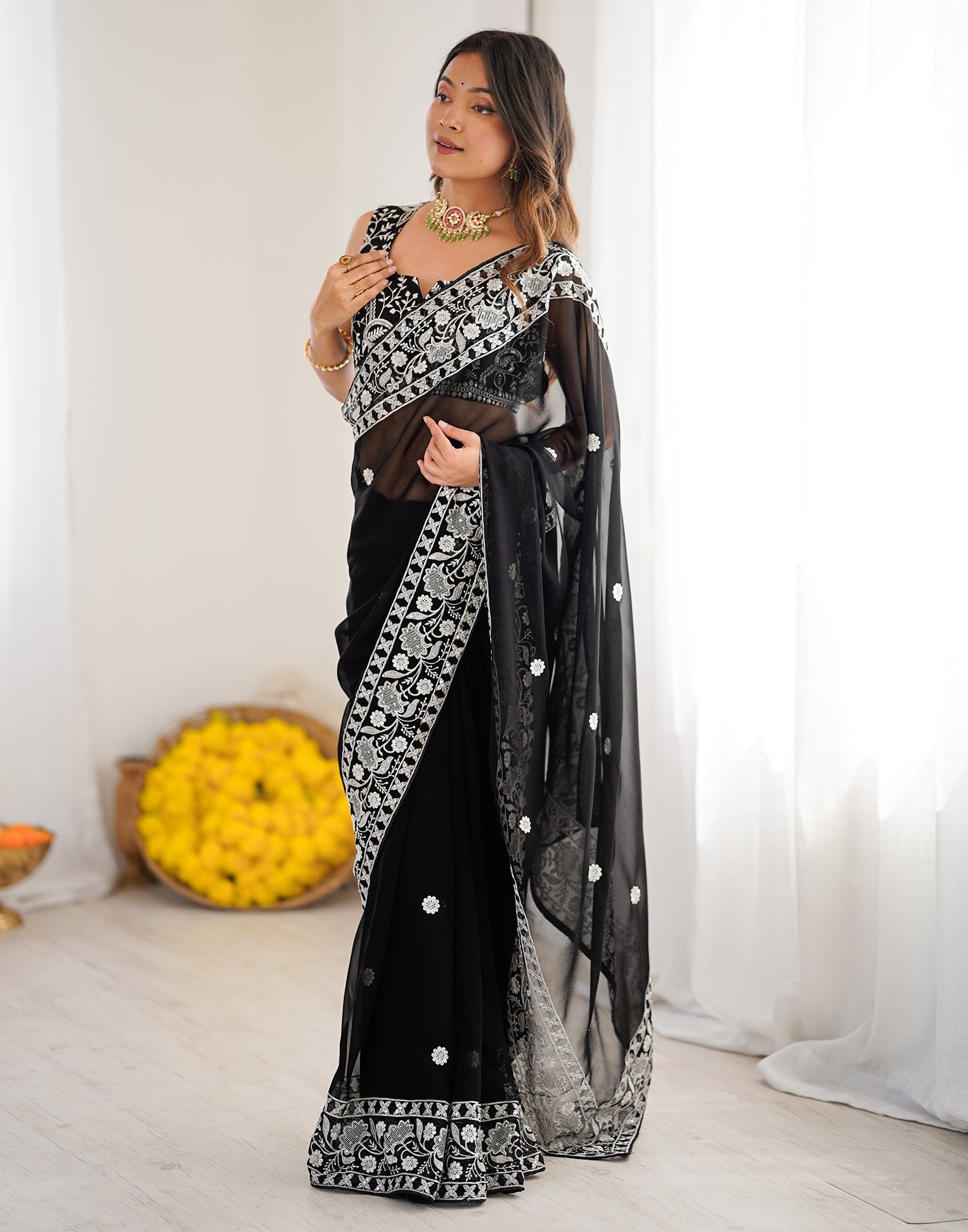 Black Georgette Embroidery Saree