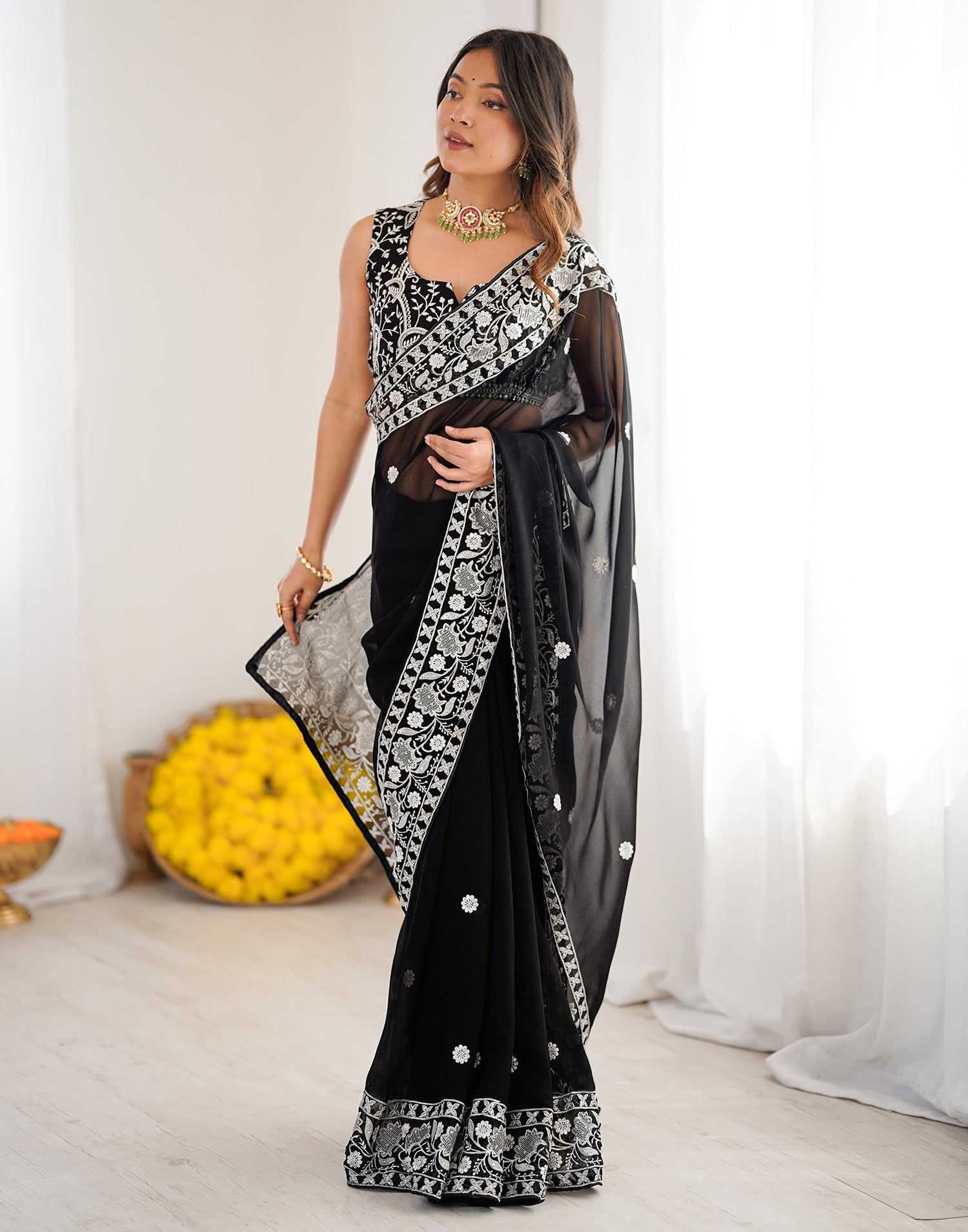 Black Georgette Embroidery Saree