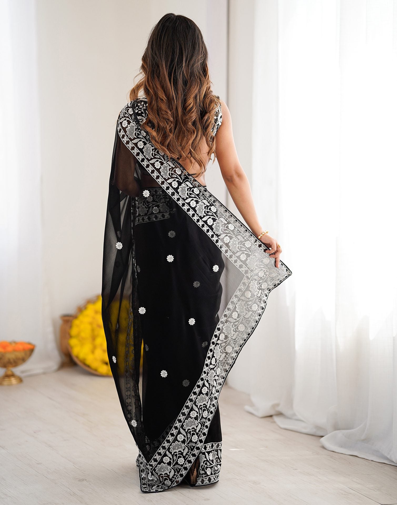 Black Georgette Embroidery Saree