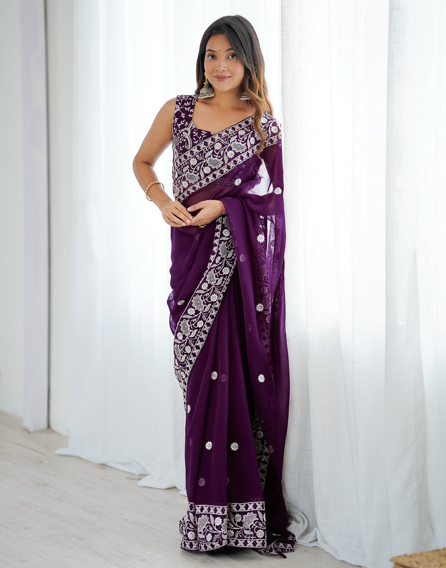 Wine Georgette Embroidery Saree