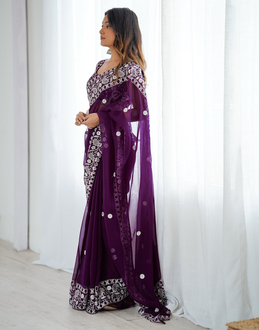 Wine Georgette Embroidery Saree