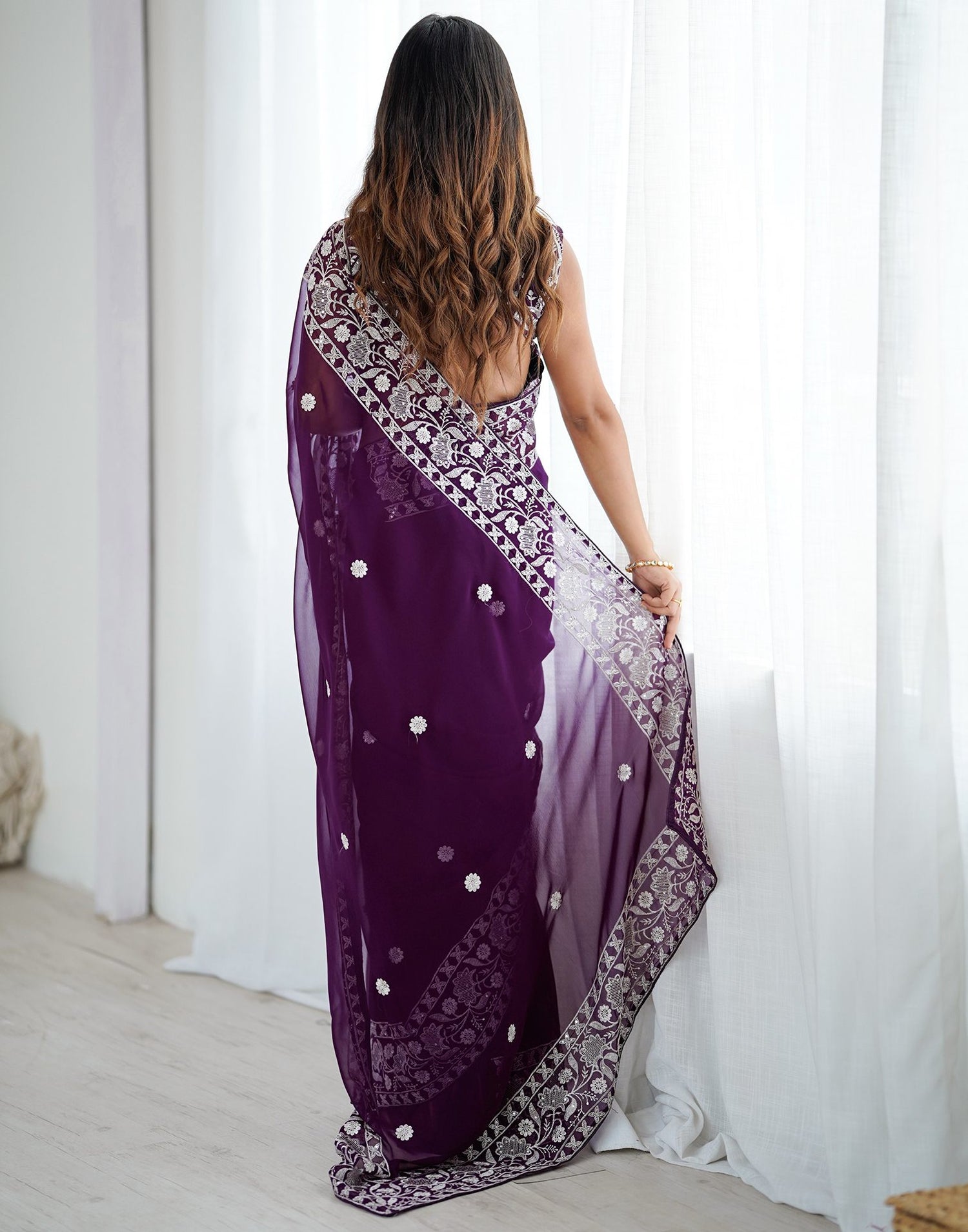 Wine Georgette Embroidery Saree