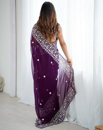 Wine Georgette Embroidery Saree