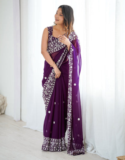 Wine Georgette Embroidery Saree