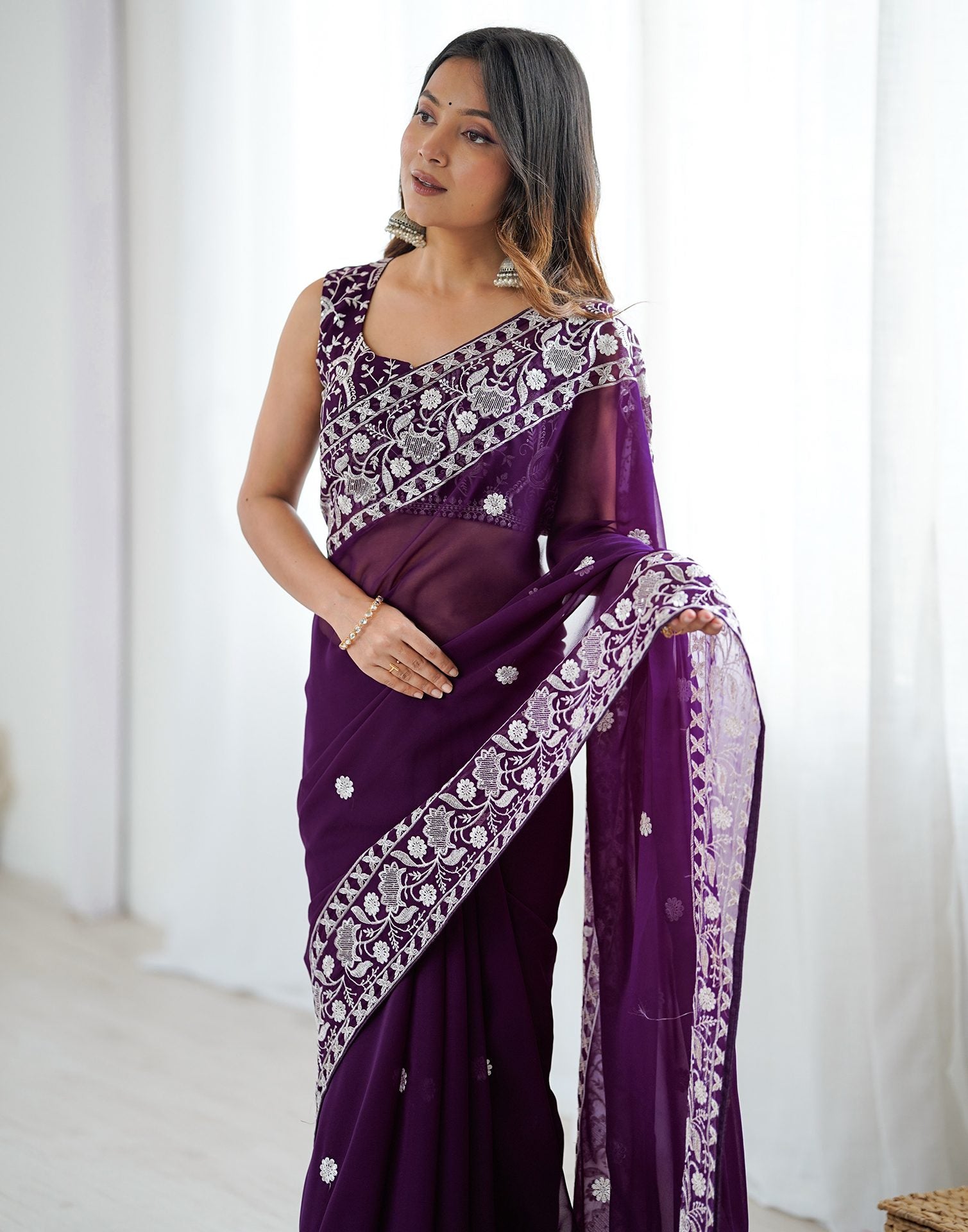 Wine Georgette Embroidery Saree