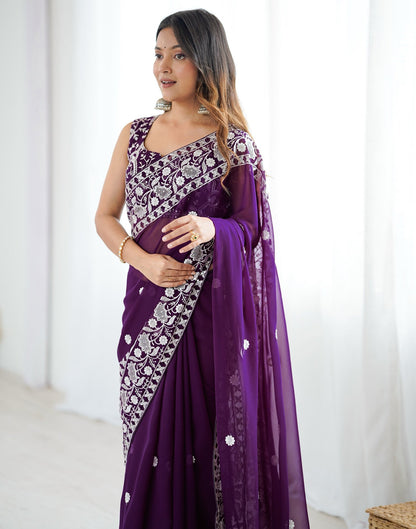 Wine Georgette Embroidery Saree