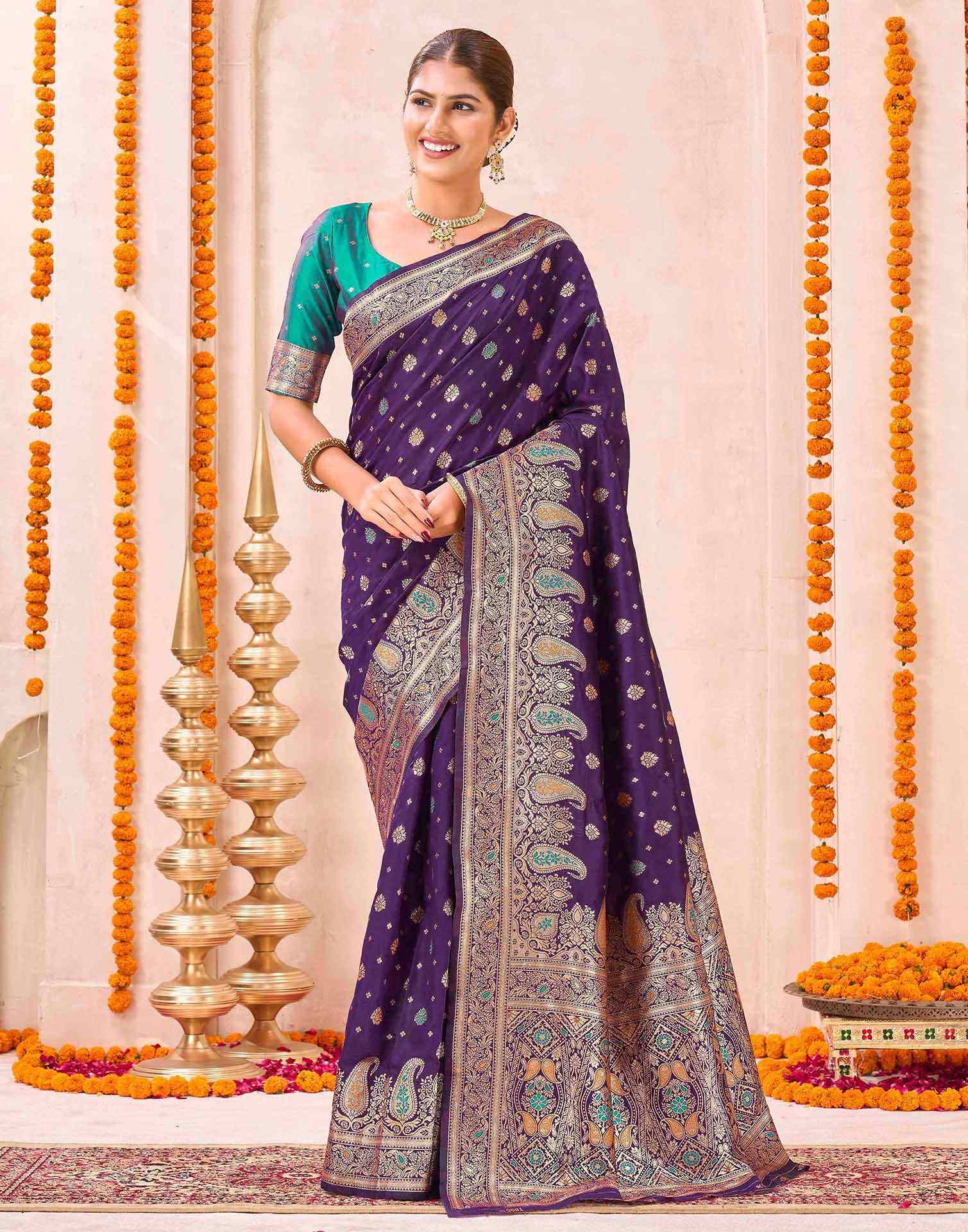 Dark Purple Silk Woven Banarasi Saree