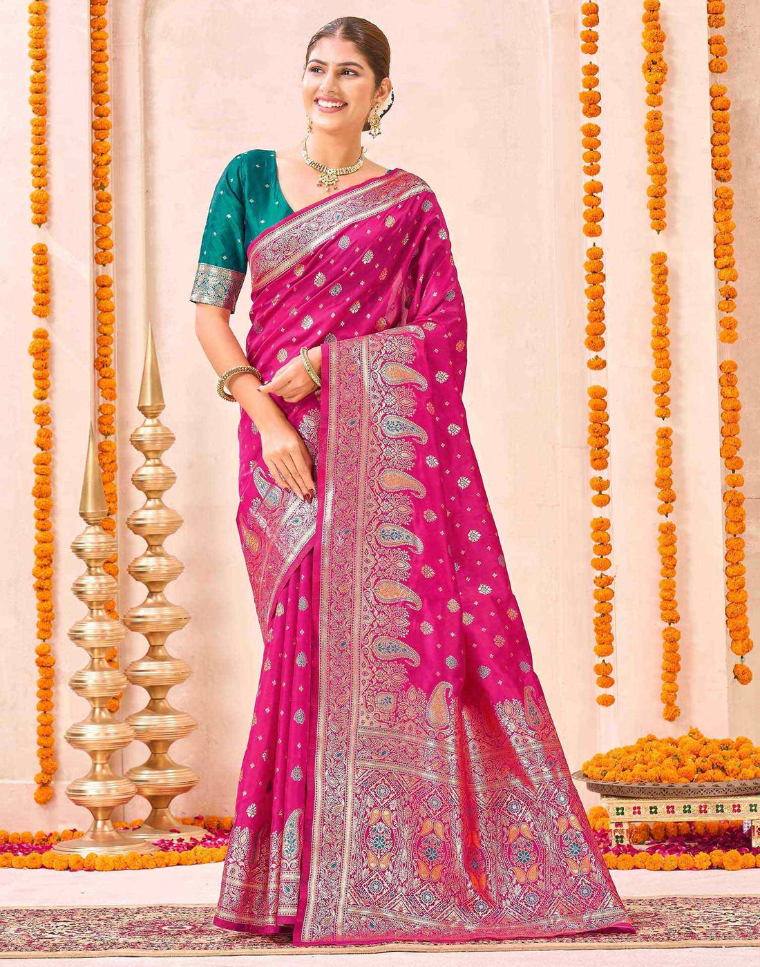 Rani Pink Silk Woven Banarasi Saree