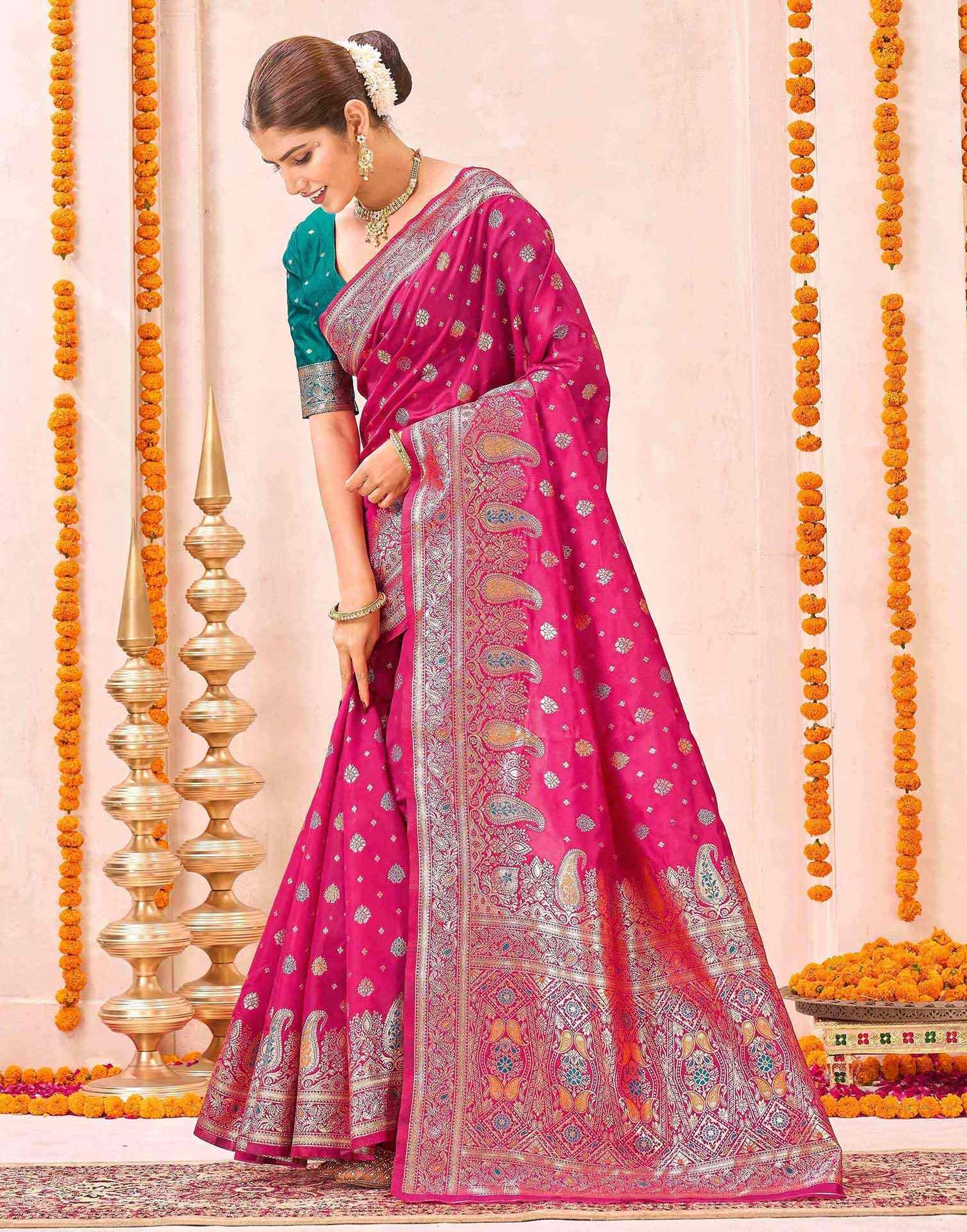 Rani Pink Silk Woven Banarasi Saree