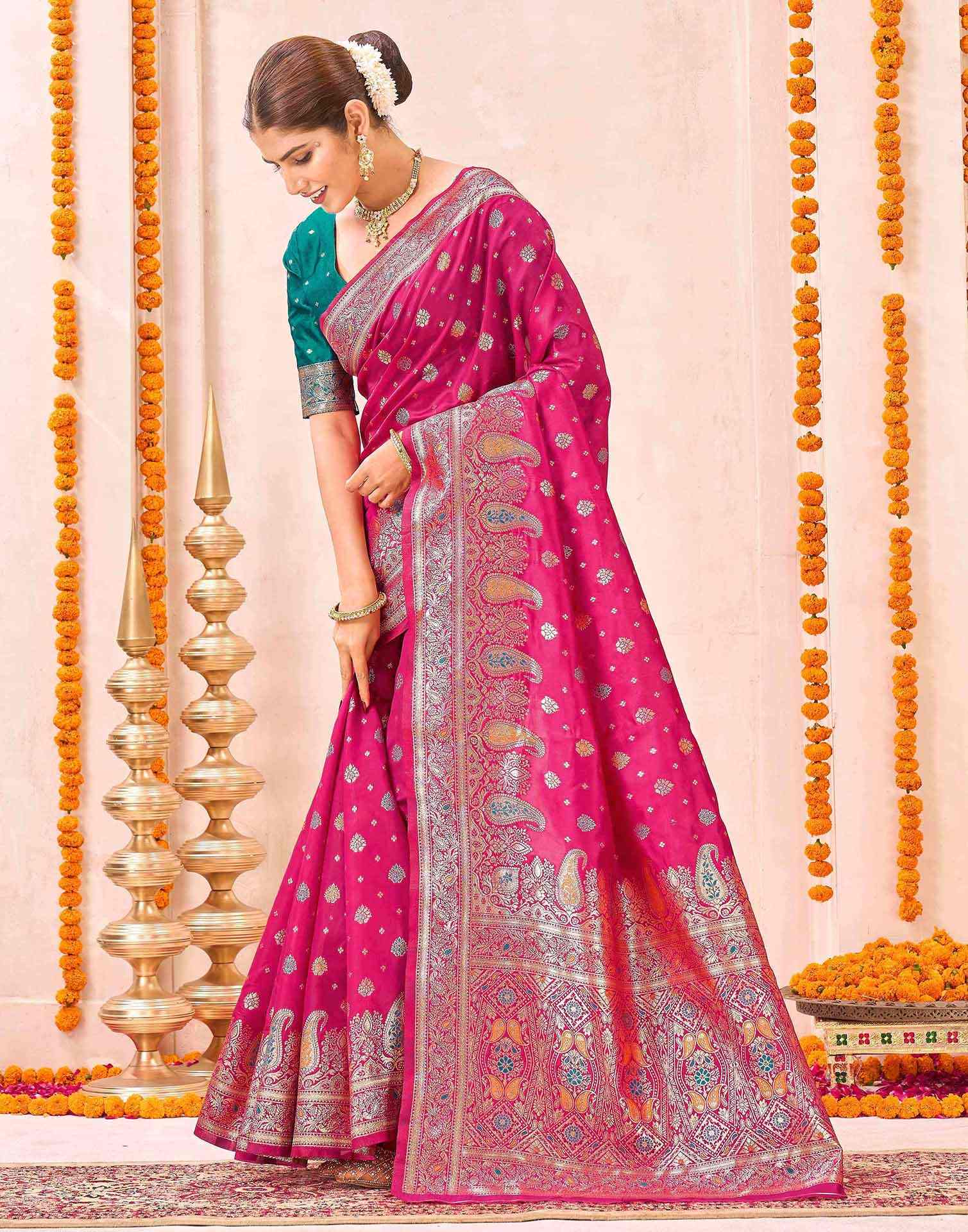 Rani Pink Silk Woven Banarasi Saree