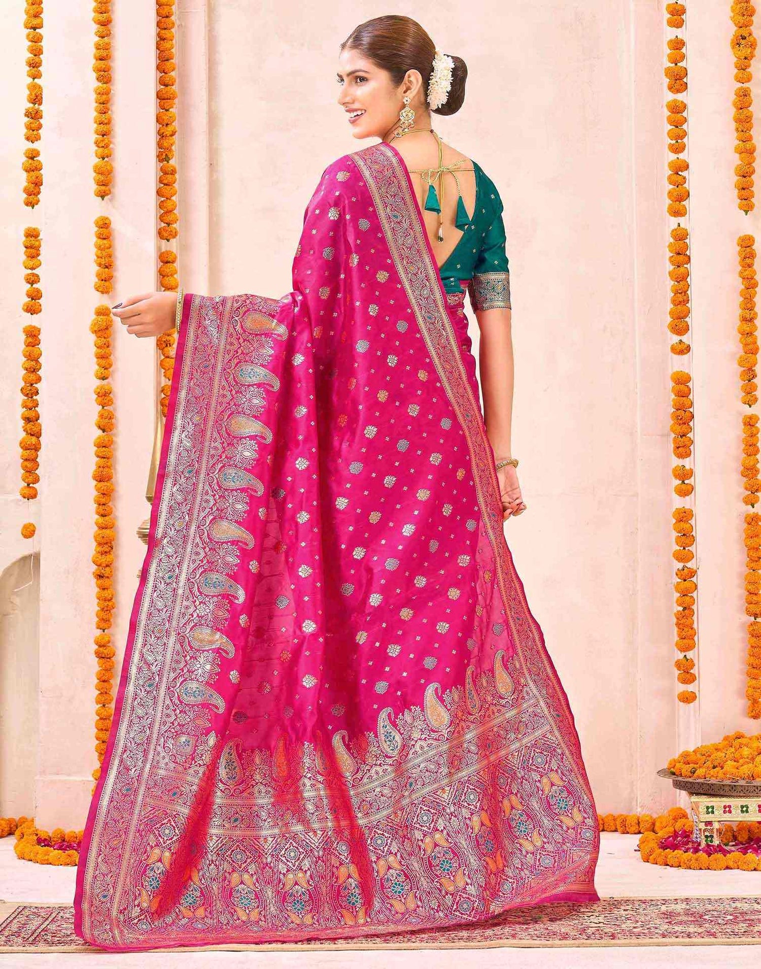 Rani Pink Silk Woven Banarasi Saree