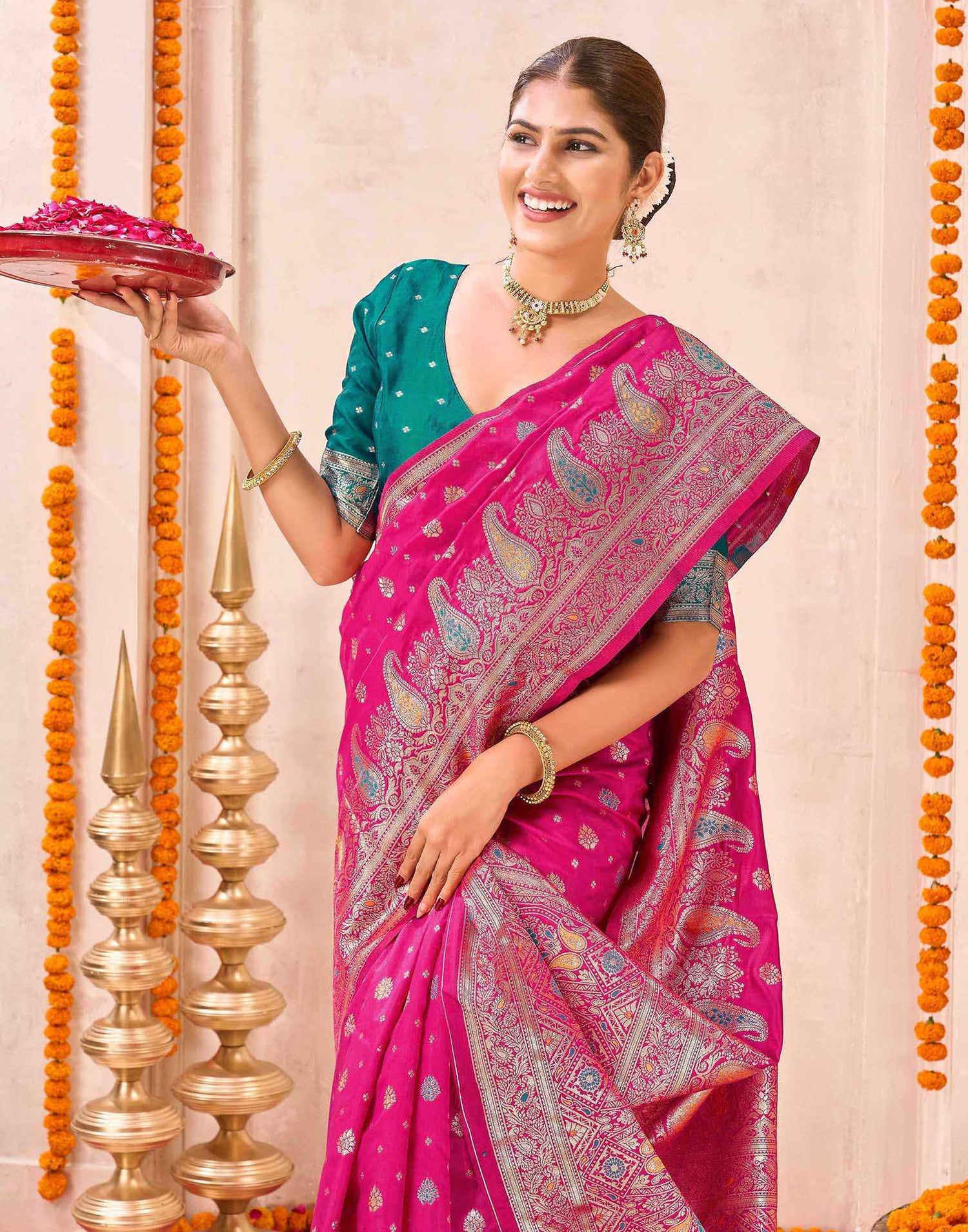 Rani Pink Silk Woven Banarasi Saree