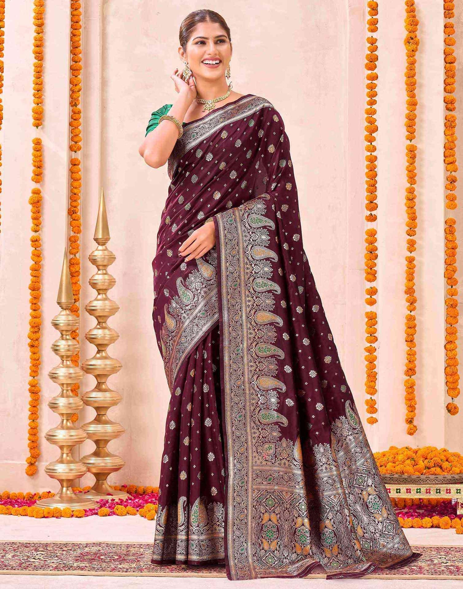 Maroon Silk Woven Banarasi Saree