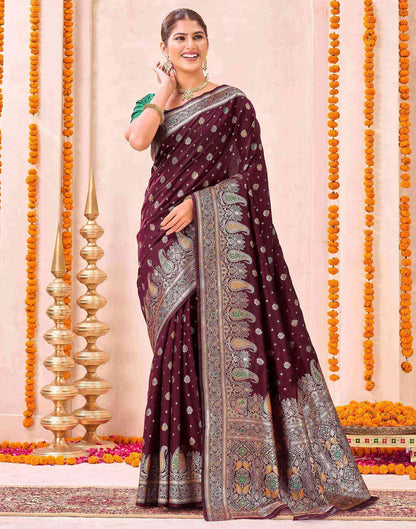 Maroon Silk Woven Banarasi Saree