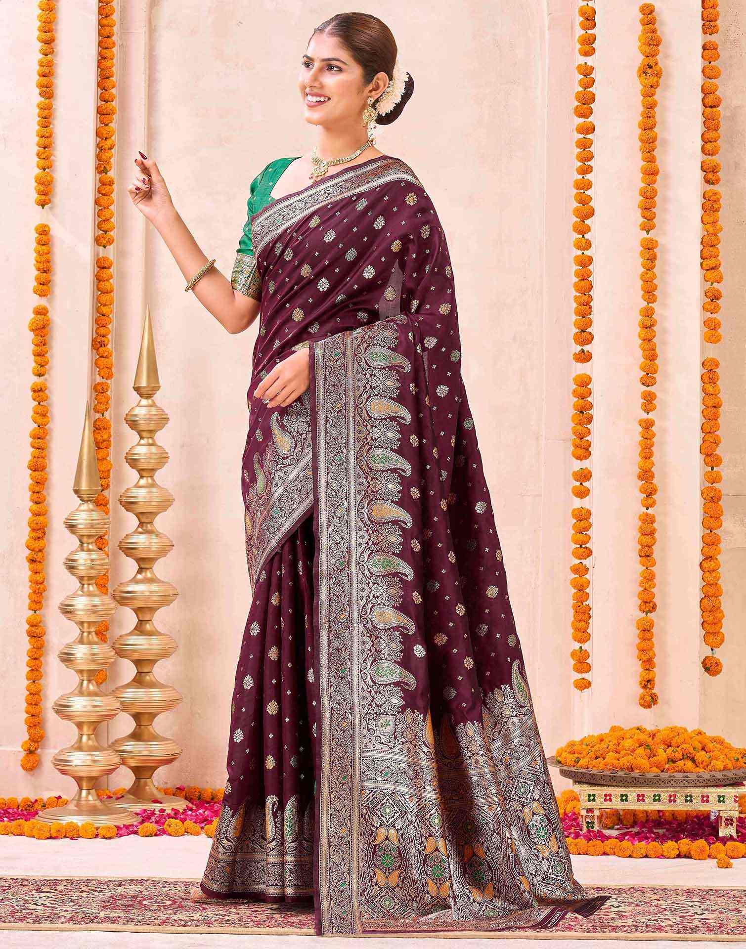 Maroon Silk Woven Banarasi Saree