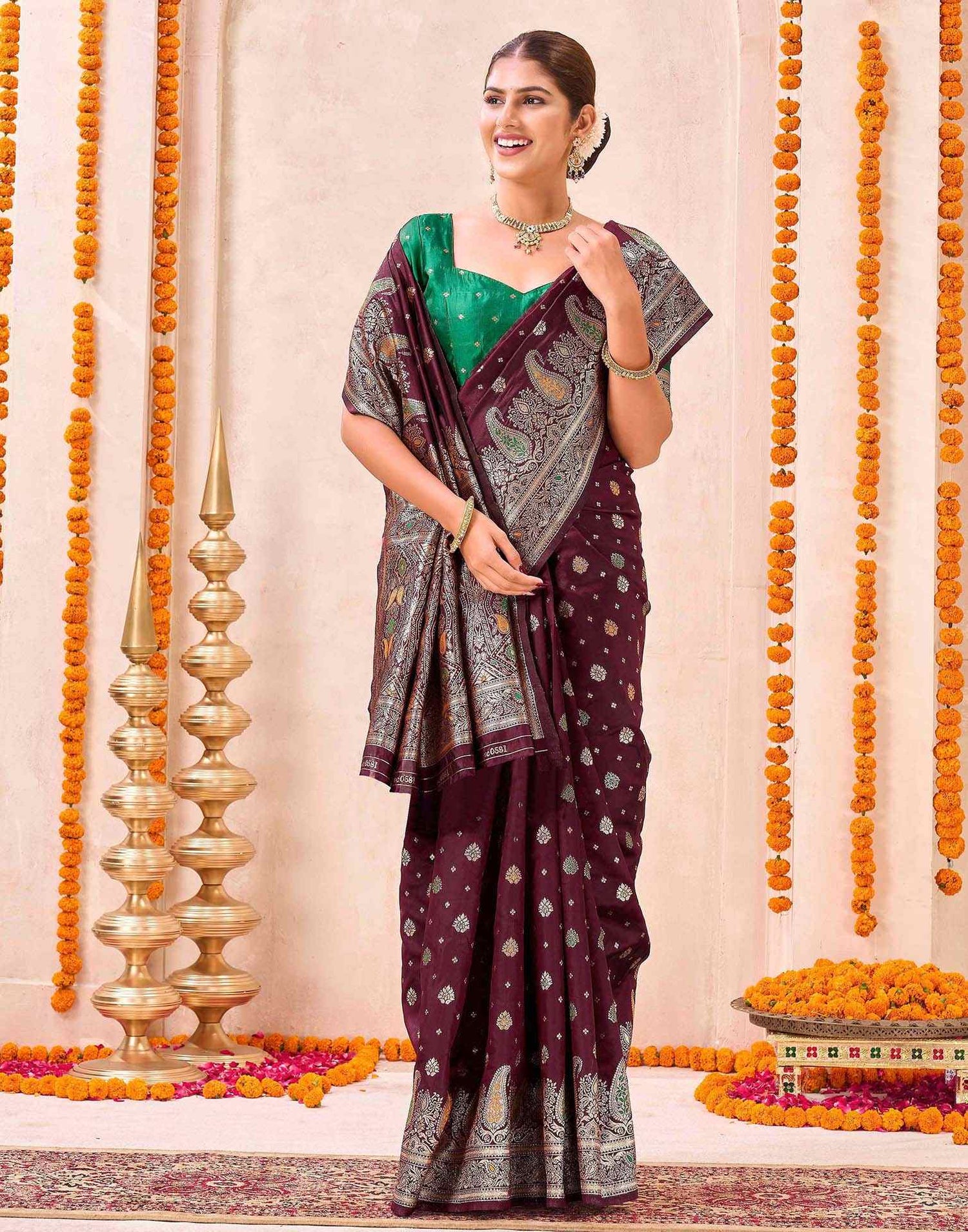 Maroon Silk Woven Banarasi Saree