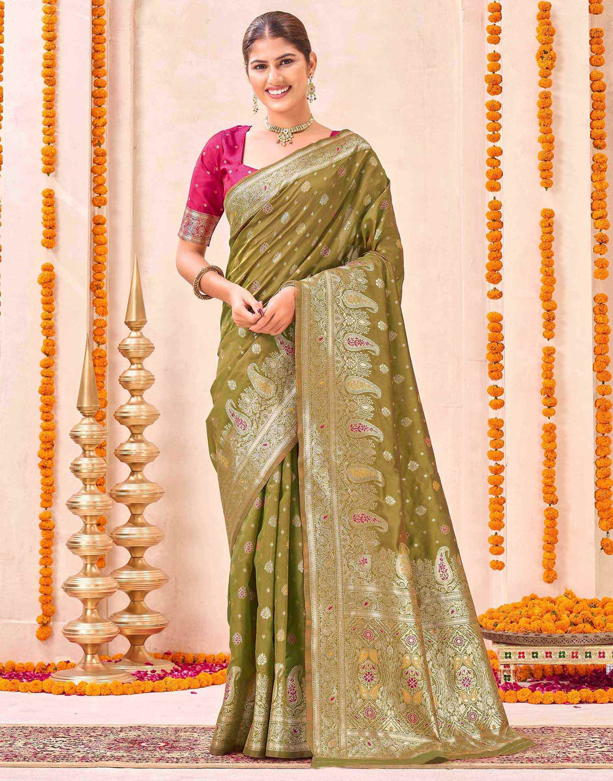 Mehandi Green Silk Woven Banarasi Saree