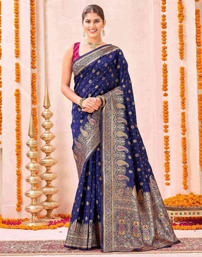Navy Blue Silk Woven Banarasi Saree