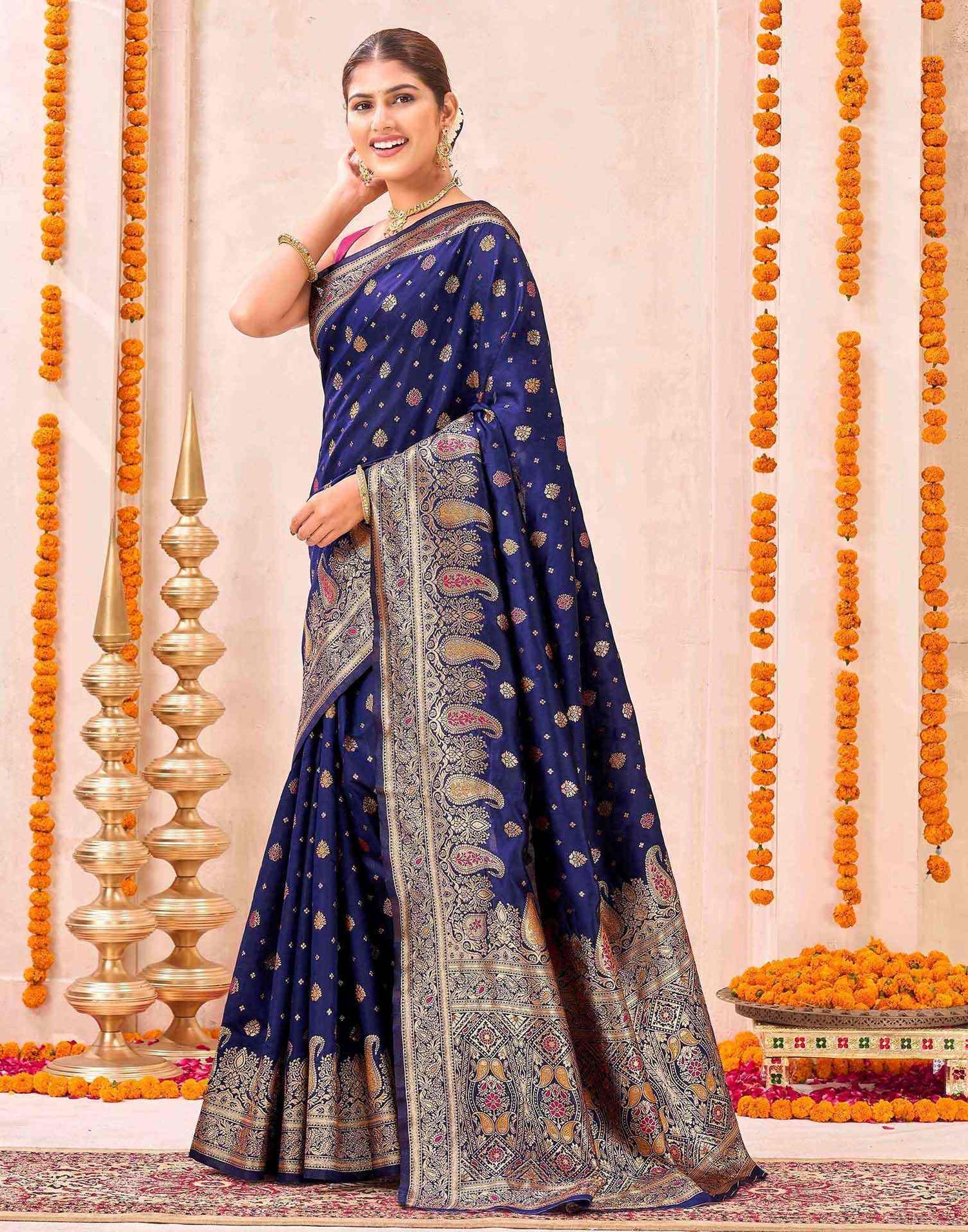 Navy Blue Silk Woven Banarasi Saree