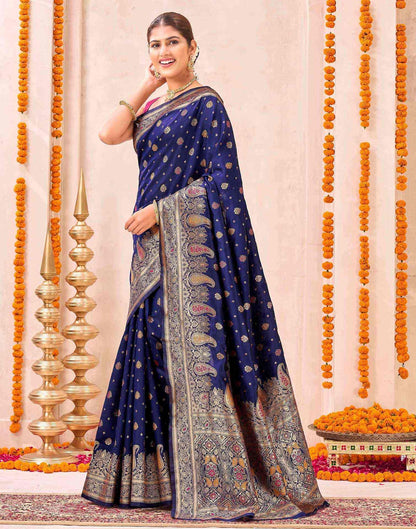 Navy Blue Silk Woven Banarasi Saree